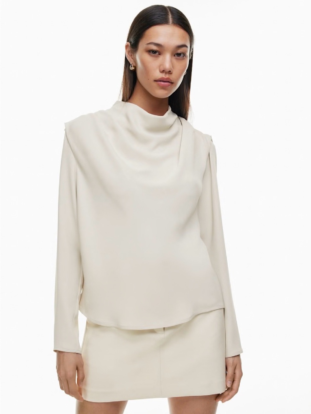 Aritzia Babaton Carter Draped Mock-Neck Long Sleeve Blouse-Cream Matte Satin, XS